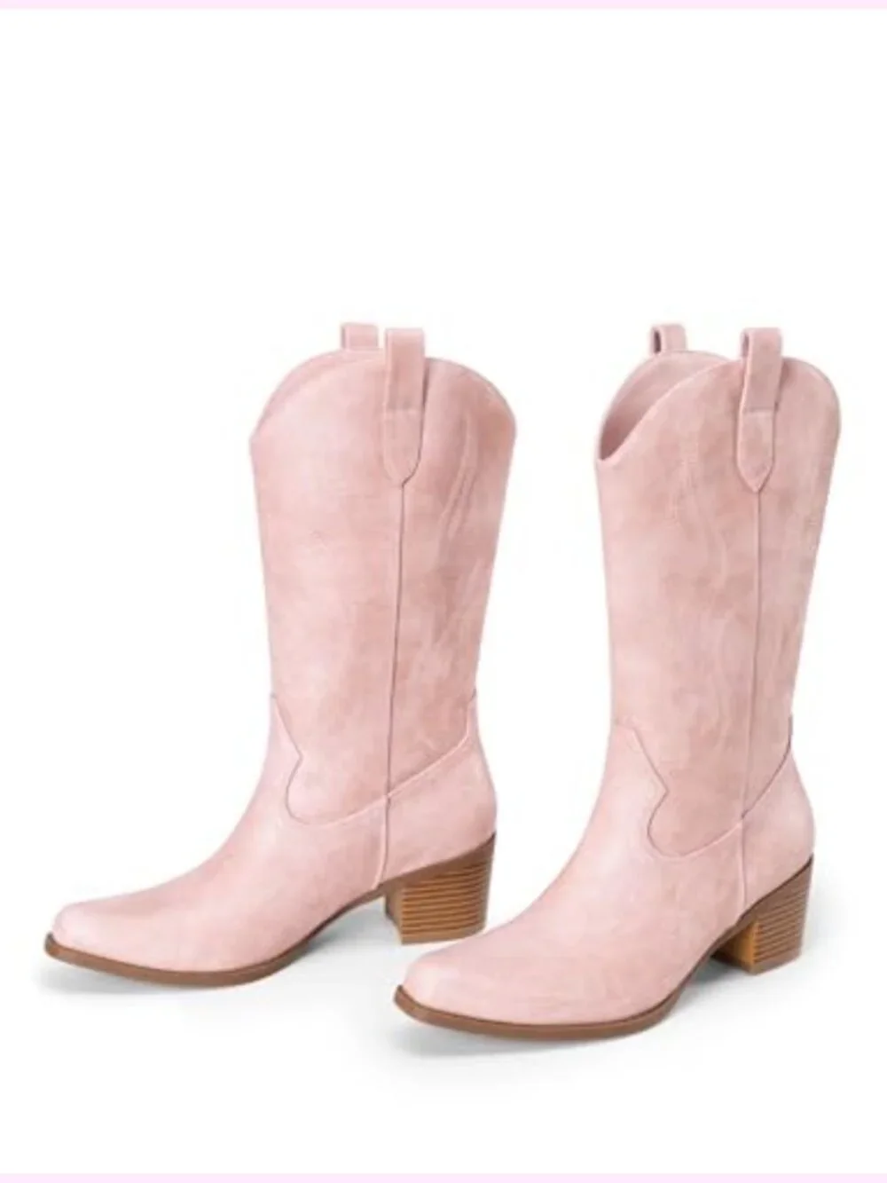 Mid Calf Western Boots Square Toe Cowboy Boots Pull On Faux Leather